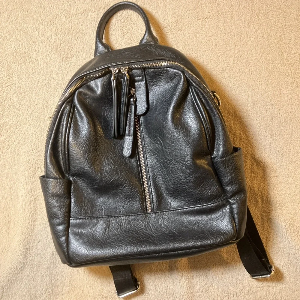 Women's Black Faux Leather Backpack Silver Hardware Rucksack Bag